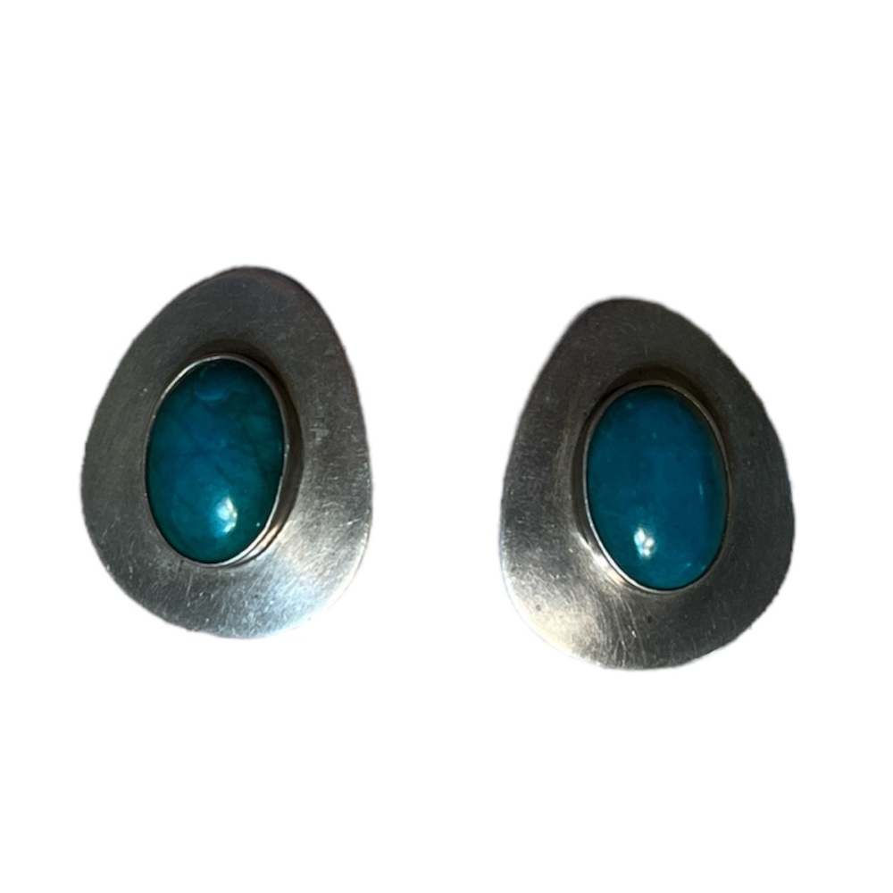 Vintage Taxco Turquoise Sterling Silver Clip On Earrings